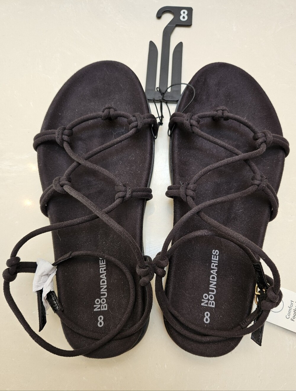 No Boundaries Womens Lace Up Sandals Size 8 Black Faux Suede Flat Strappy NWT